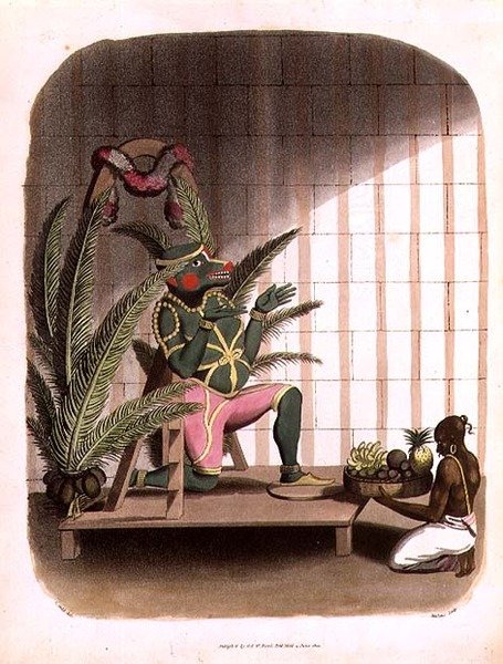 Hanuman, levy 31 julkaisusta "Oriental Drawings", kaiverrus Thomas Medland (1755-1823), pub. 1803 (akvatinta) tekijältä Charles Emilius (after) Gold