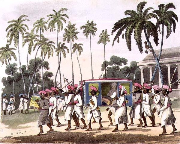 Palankeens, levy 42 julkaisusta "Oriental Drawings", kaiverrus John Wells (fl.1792-1809), pub. 1806 (akvatinta) tekijältä Charles Emilius (after) Gold