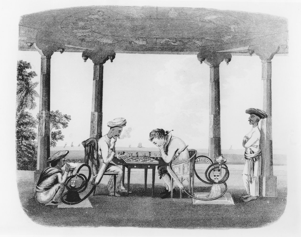 Smoking the Hookah, levy 43 julkaisusta Oriental Drawings, kaiverrus T. Rickards, pub. 1806 (akvatinta) tekijältä Charles Emilius Gold