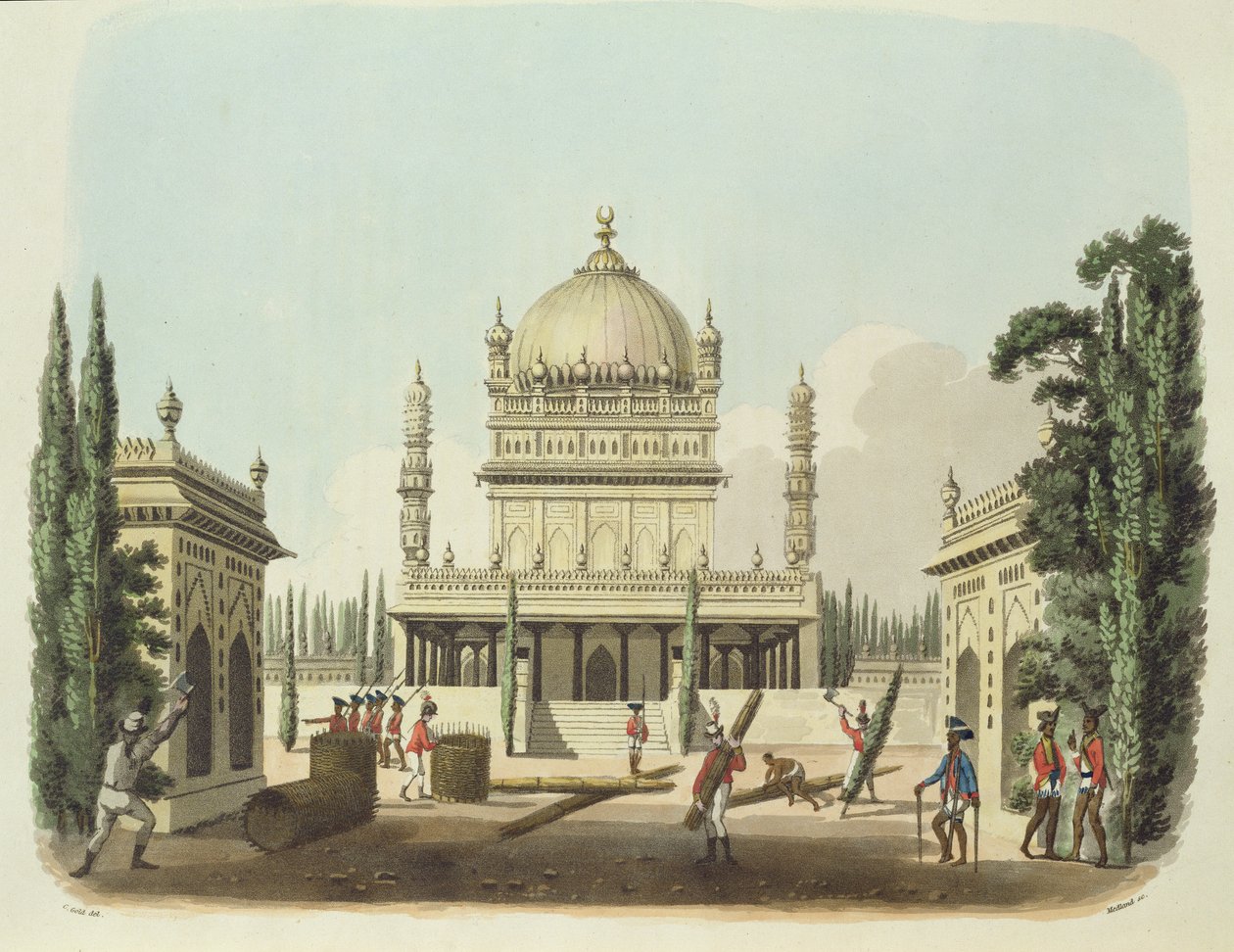 Hyder Alin ja Tippoo Sultanin hauta, levy 49 teoksesta "Oriental Drawings", kaiverrettu Thomas Medland (1755-1823) pub. 1806 (akvatintta) tekijältä Charles Emilius Gold