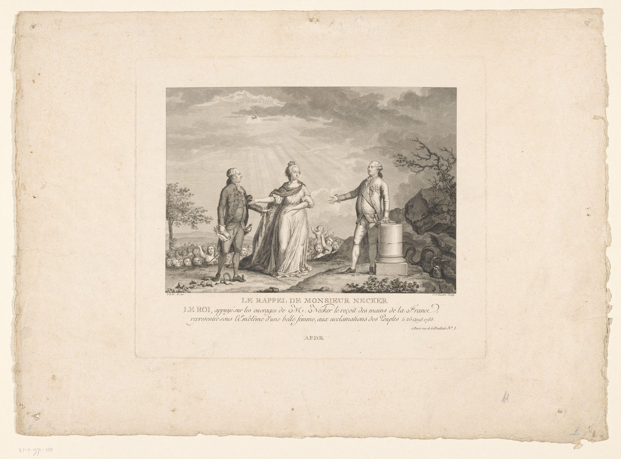 Jacques Neckerin paluu, 1788 Le Remember de Monsieur Necker (otsikko esineessä) tekijältä Charles Etienne Gaucher