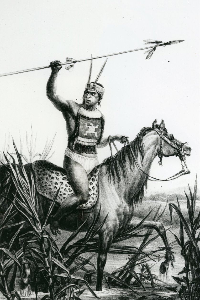 Charruas-heimon päällikkö Jean Baptiste Debretin "Pitoresque and Historical trip to Brazil", 1834. tekijältä Charles Etienne Pierre Motte