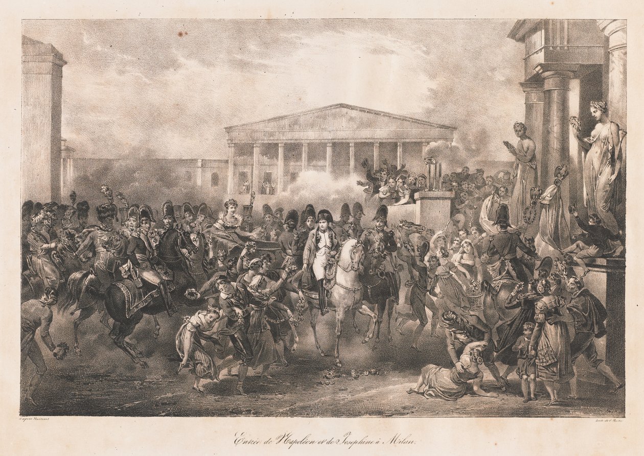 Napoleonin ja Josephinen saapuminen Milanoon, 1800-luvun alku (litho) tekijältä Charles Etienne Pierre Motte