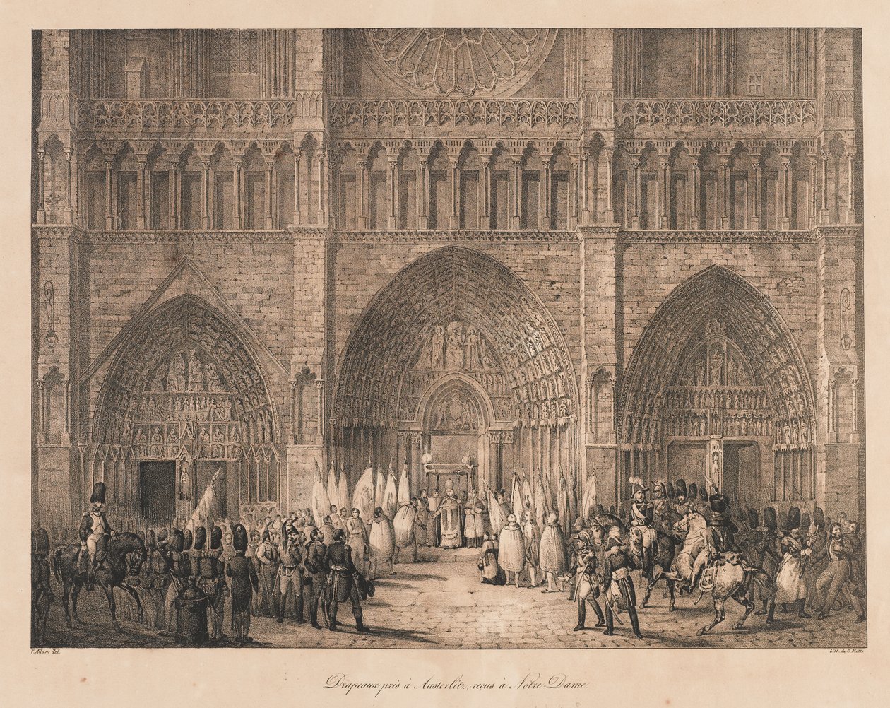 Austerlitzissä otetut liput vastaanotettu Notressa Dame, 1800-luvun alku (litho) tekijältä Charles Etienne Pierre Motte