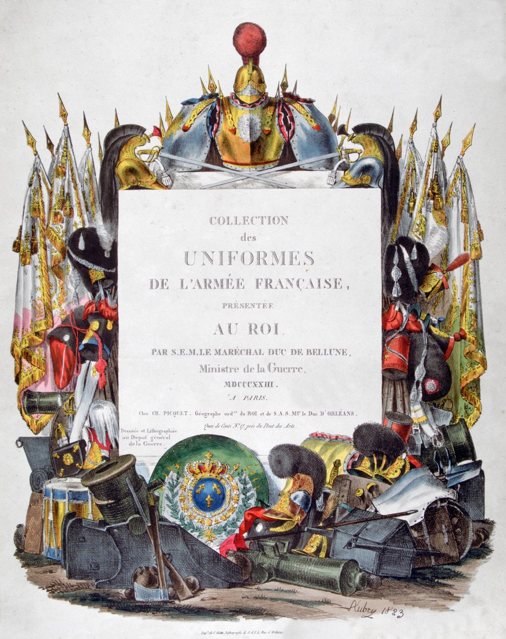 Ranskan armeijan univormukokoelman etukappale, joka esitettiin kuninkaalle, 1823. tekijältä Charles Etienne Pierre Motte