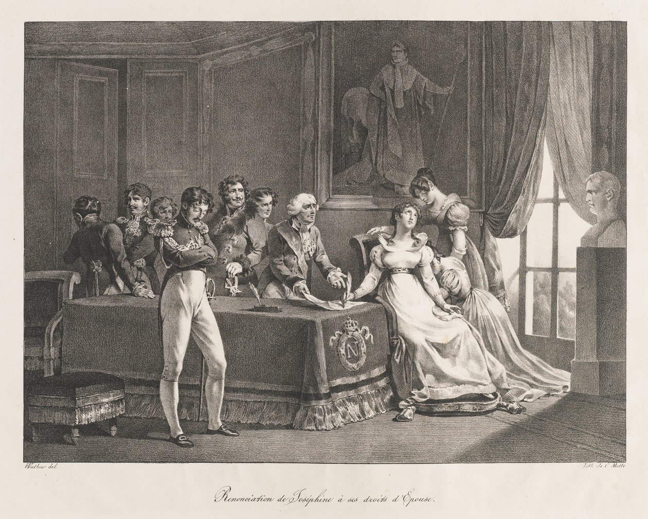 Josephine luopumassa oikeuksistaan, aikaisin 1800-luku (litho) tekijältä Charles Etienne Pierre Motte