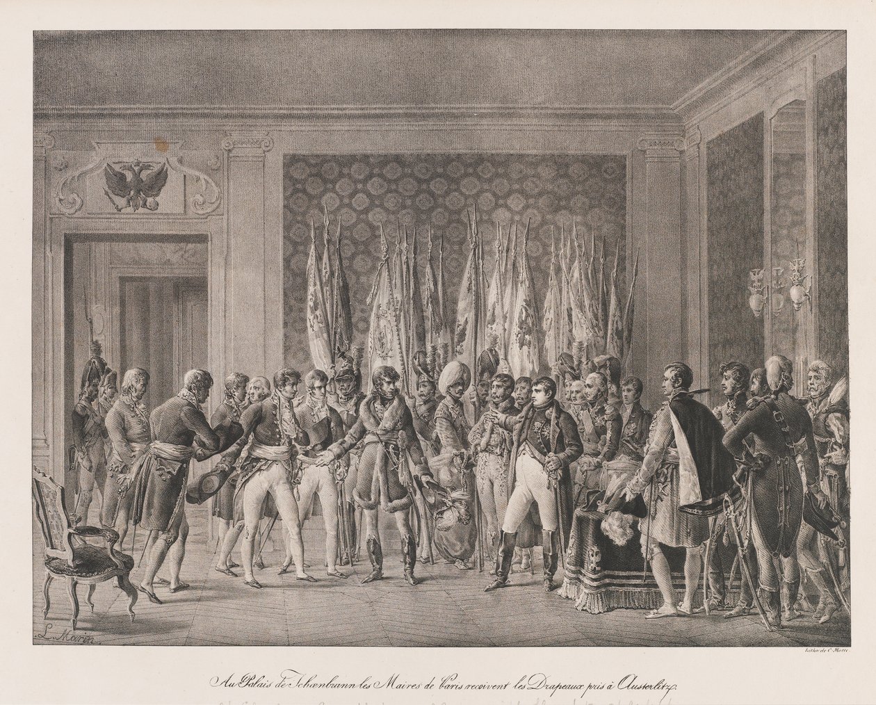 Pariisin Maires vastaanottaa Austerlitzin lipun, 1800-luvun alku (litho) tekijältä Charles Etienne Pierre Motte