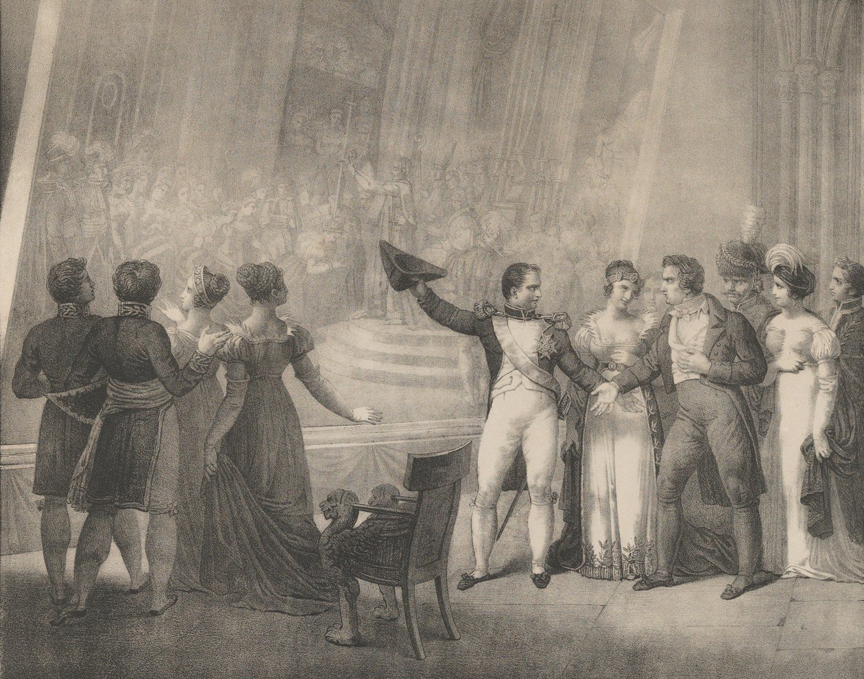 Napoleon ja Josephine vierailevat Davidin studiossa, 4. tammikuuta 1808, n. 1820-30. tekijältä Charles Etienne Pierre Motte