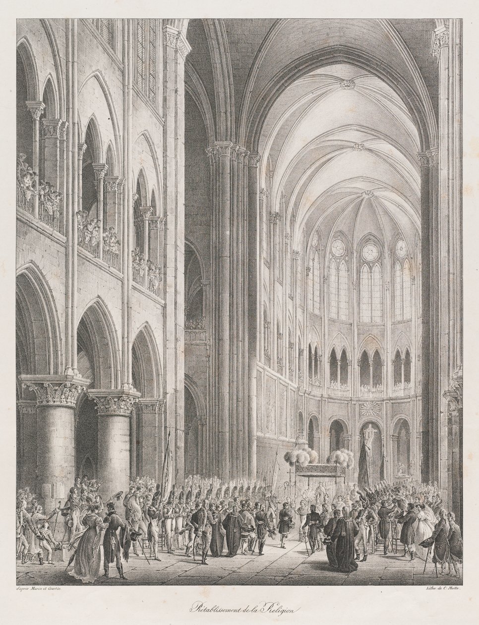 Kirkon uudelleen perustaminen 19. päivän alussa vuosisadan (litho) tekijältä Charles Etienne Pierre Motte