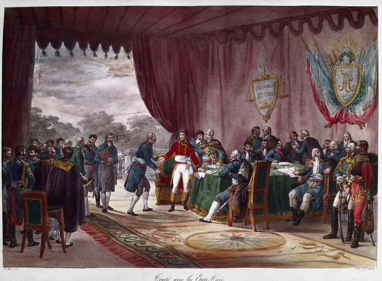 Mortefontinen sopimuksen allekirjoittaminen, 30. syyskuuta 1800 - Joseph Bonaparten (1768-1844) ja Yhdysvaltojen välillä; Louisianan myynti Amerikalle - Signature du Treat de Mortefontaine 30.9.1800, jonka aikana Ranska (edustajana Joseph Bo tekijältä Charles Etienne Pierre Motte