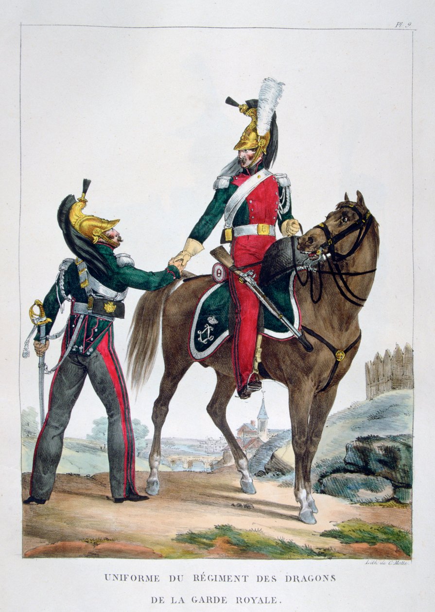 Kuninkaallisen vartijan lohikäärmerykmentin univormu, Ranska, 1823. tekijältä Charles Etienne Pierre Motte