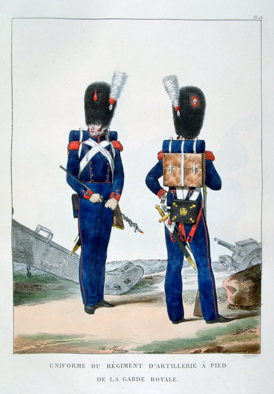 Kuninkaallisen vartijan jalkatykistörykmentin univormu, Ranska, 1823. tekijältä Charles Etienne Pierre Motte