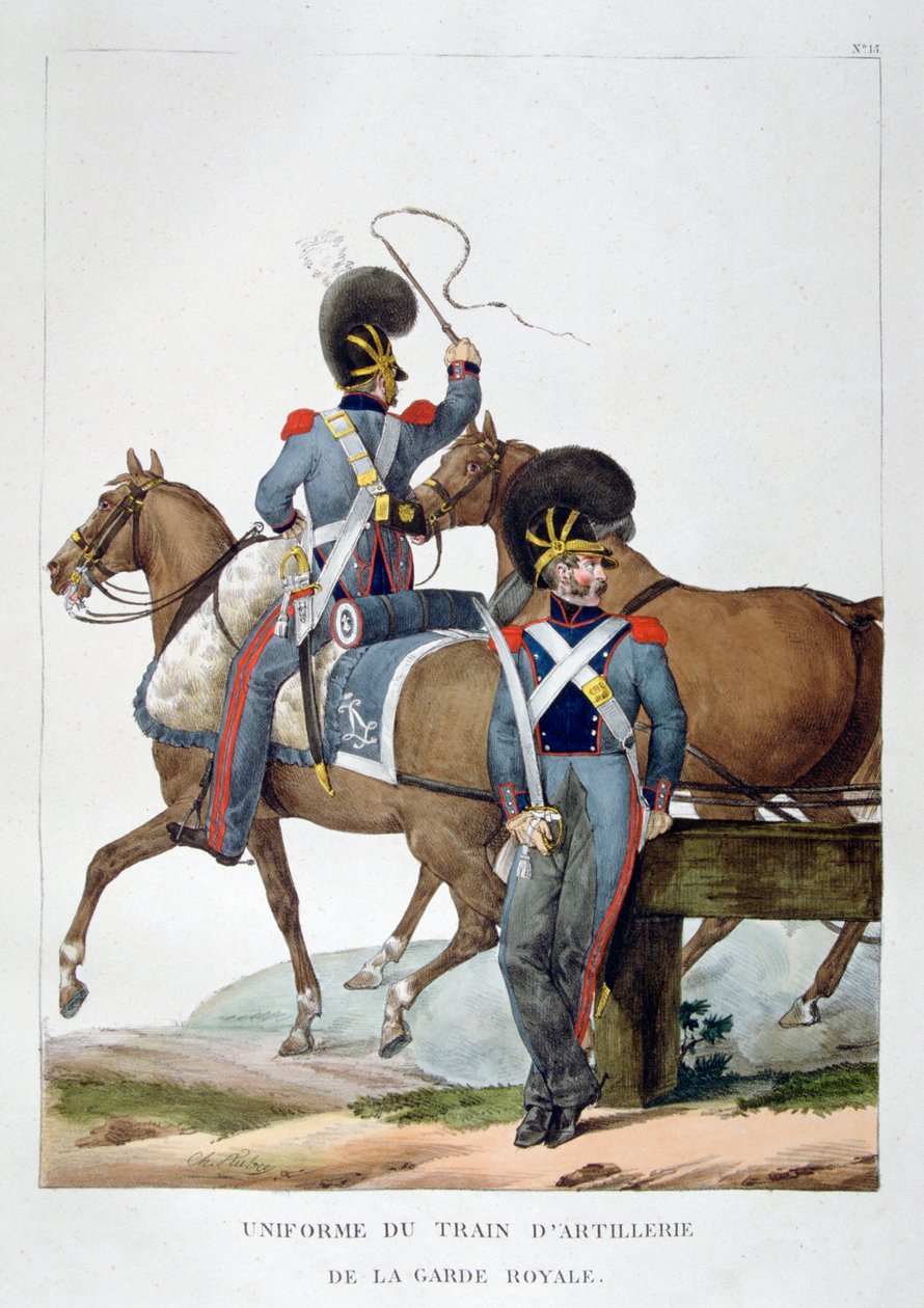 Kuninkaallisen vartijan hevostykistöjunan rykmentin univormu, Ranska, 1823. tekijältä Charles Etienne Pierre Motte