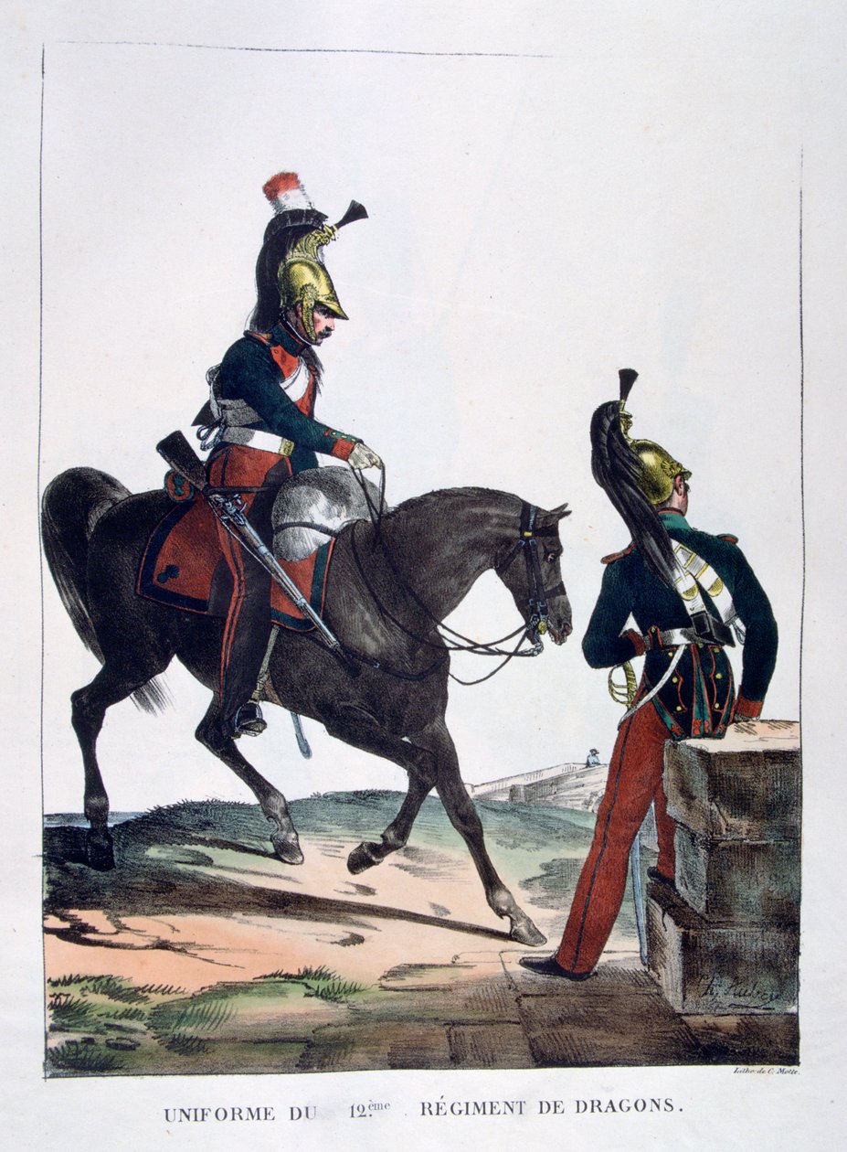 12. dragoonien rykmentin univormu, Ranska, 1823. tekijältä Charles Etienne Pierre Motte