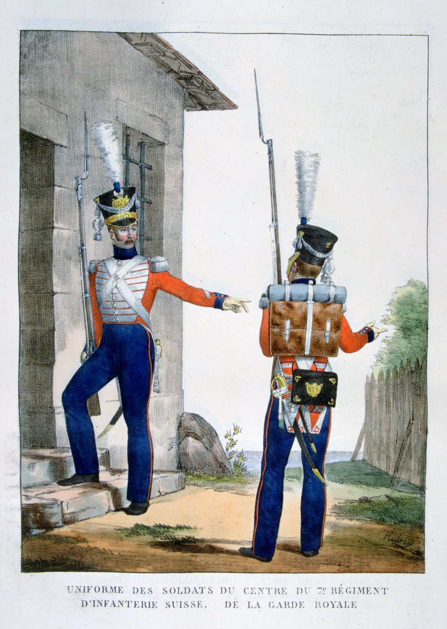 Sveitsin 7. kuninkaallisen vartijan jalkaväkirykmentin univormu, Ranska, 1823. tekijältä Charles Etienne Pierre Motte