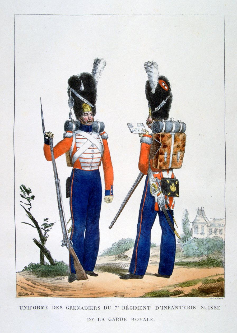 Sveitsin Grenadiersin 7. kuninkaallisen vartijan jalkaväkirykmentin univormu, Ranska, 1823. tekijältä Charles Etienne Pierre Motte