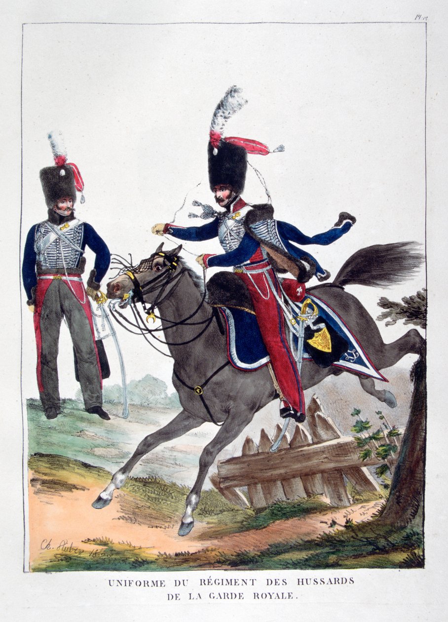 Ranskan kuninkaallisen kaartin husaarirykmentin univormut, 1823. tekijältä Charles Etienne Pierre Motte