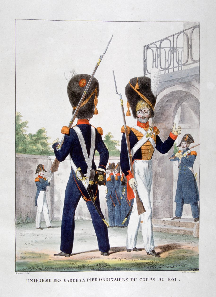 Ranskan kuninkaallisen joukkojen jalkasotilaiden univormut, 1823. tekijältä Charles Etienne Pierre Motte