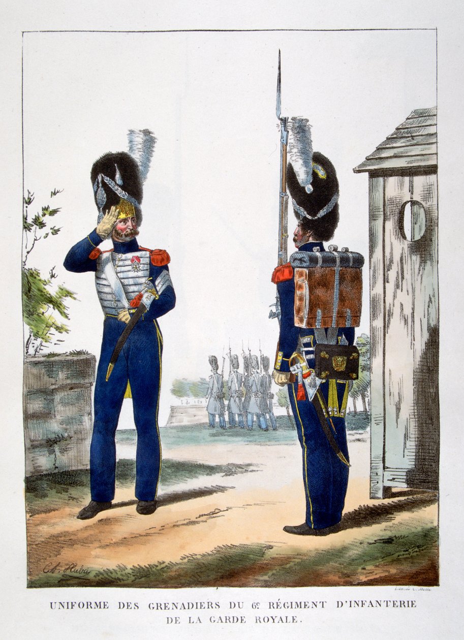 Ranskan kuninkaallisen vartijan grenadiereiden univormut, 1823. tekijältä Charles Etienne Pierre Motte