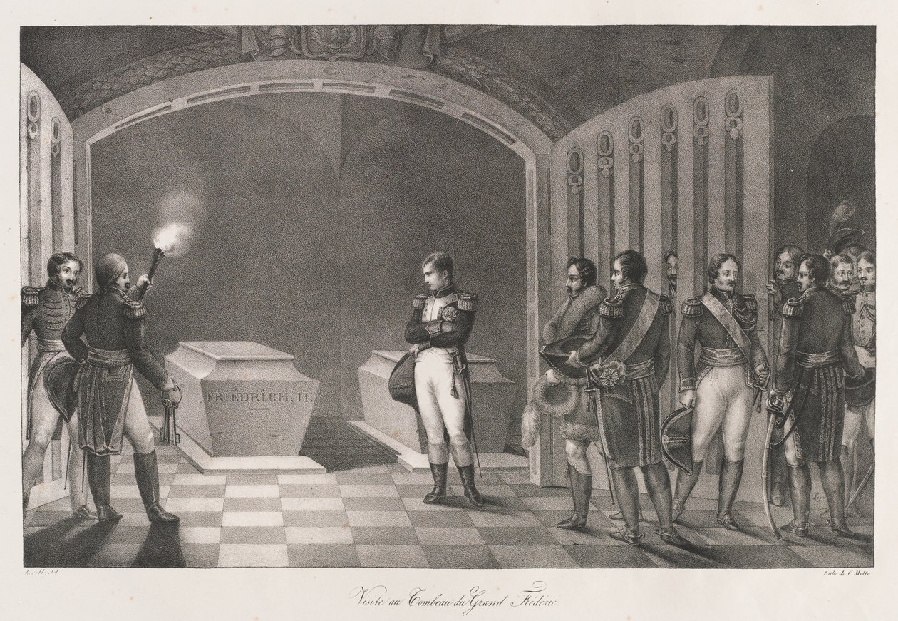 Vierailu Frederick Suuren haudalle aikaisin 1800-luku (litho) tekijältä Charles Etienne Pierre Motte