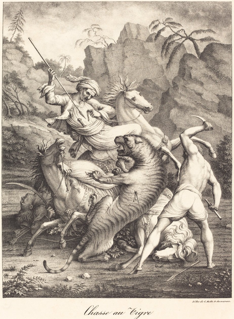 Tiikerin metsästys tekijältä Charles Etienne Pierre Motte after Auguste Jacques Regnier