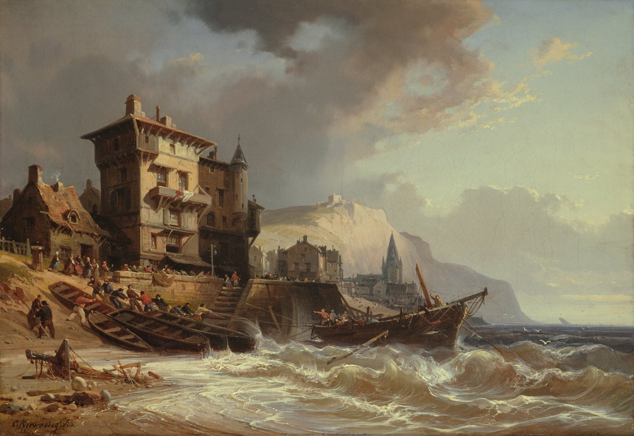 Veneiden vetäminen maihin Bretagnen rannikolla, 1800-luku tekijältä Charles Euphrasie Kuwasseg