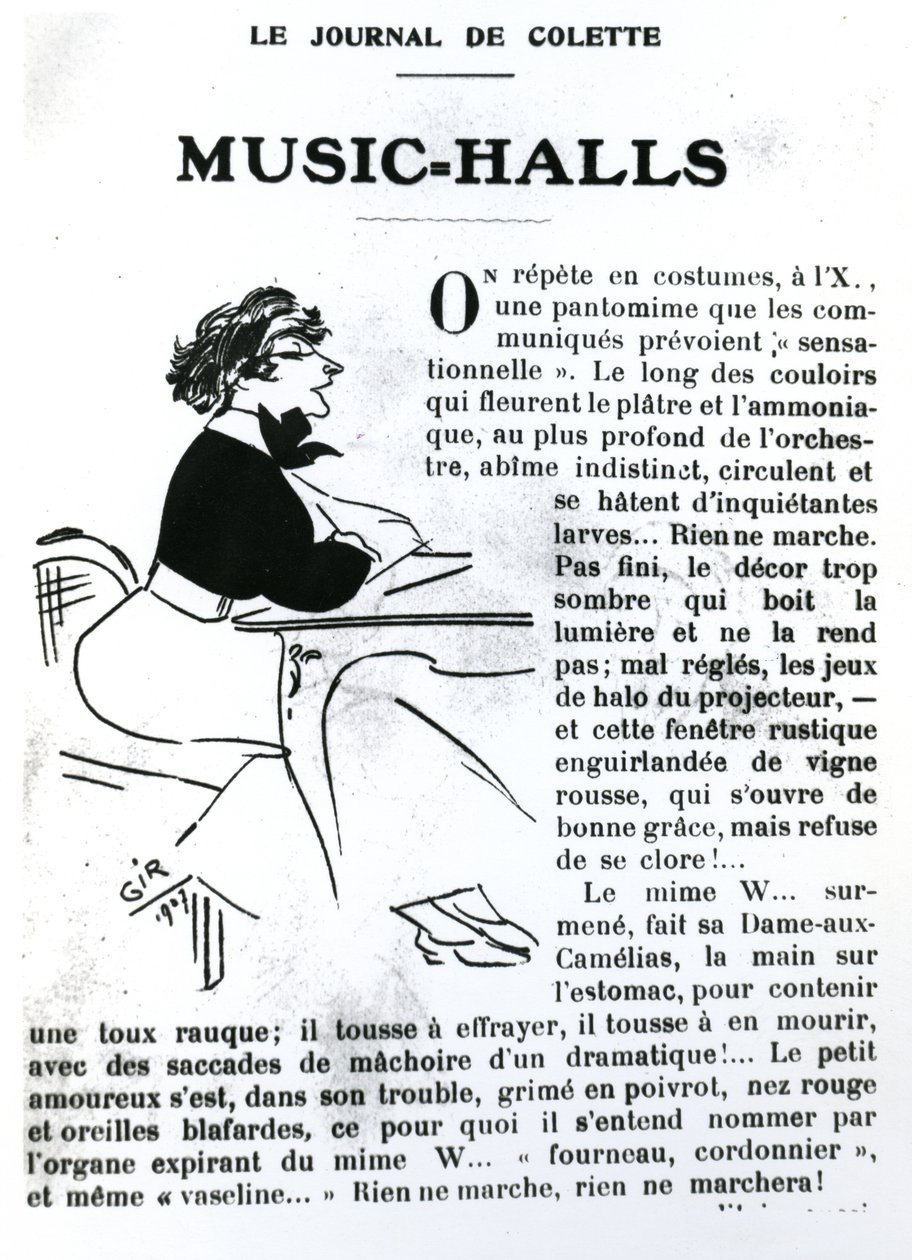 Karikatyyri Colettesta hänen esseestään Vrilles de la Vignen musiikkisaleista, julkaistu La Vie Parisiennessa, Pariisissa, 1908 tekijältä Charles Felix Gir