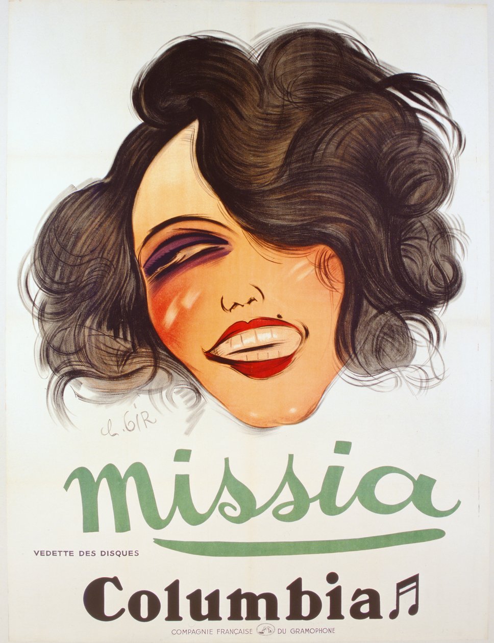 Columbia Recordsin juliste, joka mainostaa ranskalaista chanteusea, Missia, n. 1935 tekijältä Charles Felix Gir