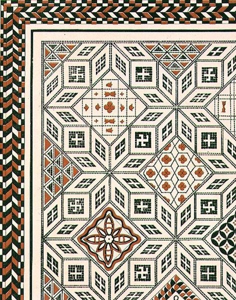 Nimesin, luultavasti 2. tai 3. vuosisadan pubista löydetyn mosaiikkipäällysteen suunnittelu. by Day & Son (litho) tekijältä Charles Felix Marie (after) Texier