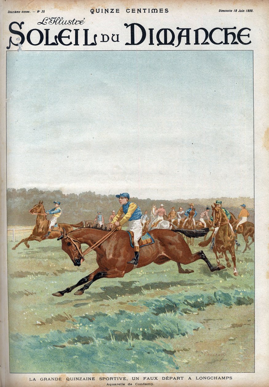 Hevoskilpailu: "" Suuri urheilullinen forzaine: valelähtö Longchampsin kilparadalla"". Akvarelli Condamy Engraving teoksessa "" Le sun-du-dimanche", 18. kesäkuuta tekijältä Charles Fernand de (after) Condamy
