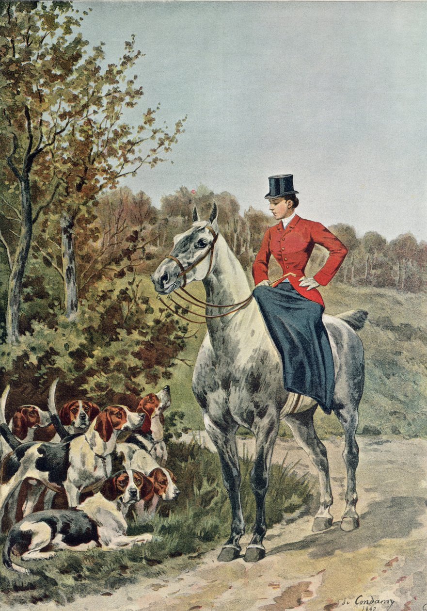 Ratsunainen koirakoirien kanssa, kirjasta "Paris-Noel 1892-93", kaiverrus Rougeron-Vignerot, 1892 tekijältä Charles Fernand de Condamy