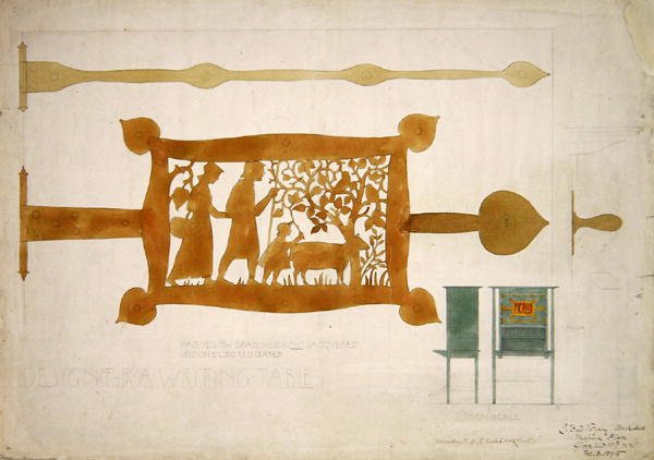 Suunnittelu kirjoituspöydän messinkinen sarana tekijältä Charles Francis Annesley Voysey