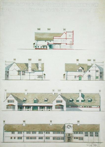 Lady Henry Somersetille ehdotettu talo Higham Woodfordissa, Essexissä tekijältä Charles Francis Annesley Voysey