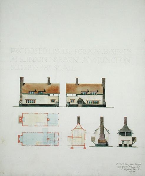 Ehdotettu talo A.A.:lle Voysey Esq. Slindonissa lähellä Barnham Junctionia, Sussexissa tekijältä Charles Francis Annesley Voysey