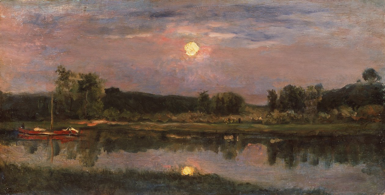 Kuutamoinen jokimaisema, n. 1855 (öljy aluksella) tekijältä Charles Francois Daubigny