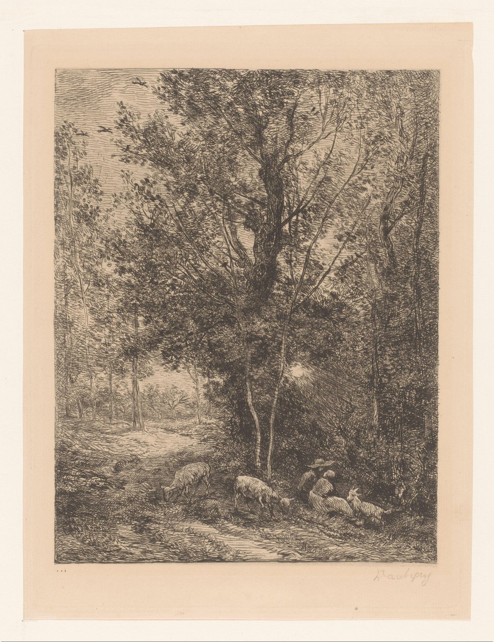 Metsä lepäävien vuohipaimenten kanssa Le berger et la bergere tekijältä Charles Francois Daubigny