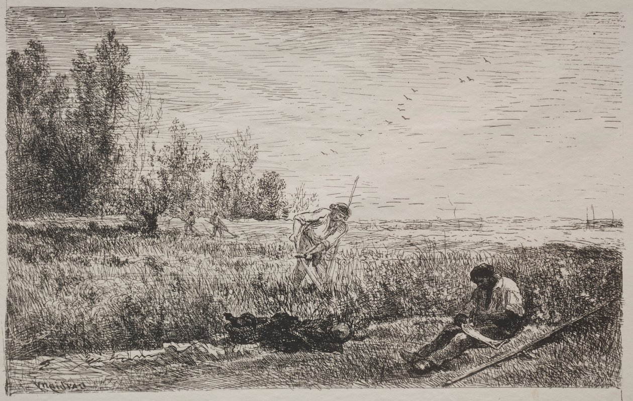 Heinänteko, alkuperäinen jäljennös 1862, painettu 1921. tekijältä Charles Francois Daubigny