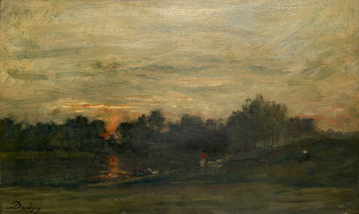Maisema: Auringonlasku, 1800-luvun puoliväli tekijältä Charles Francois Daubigny