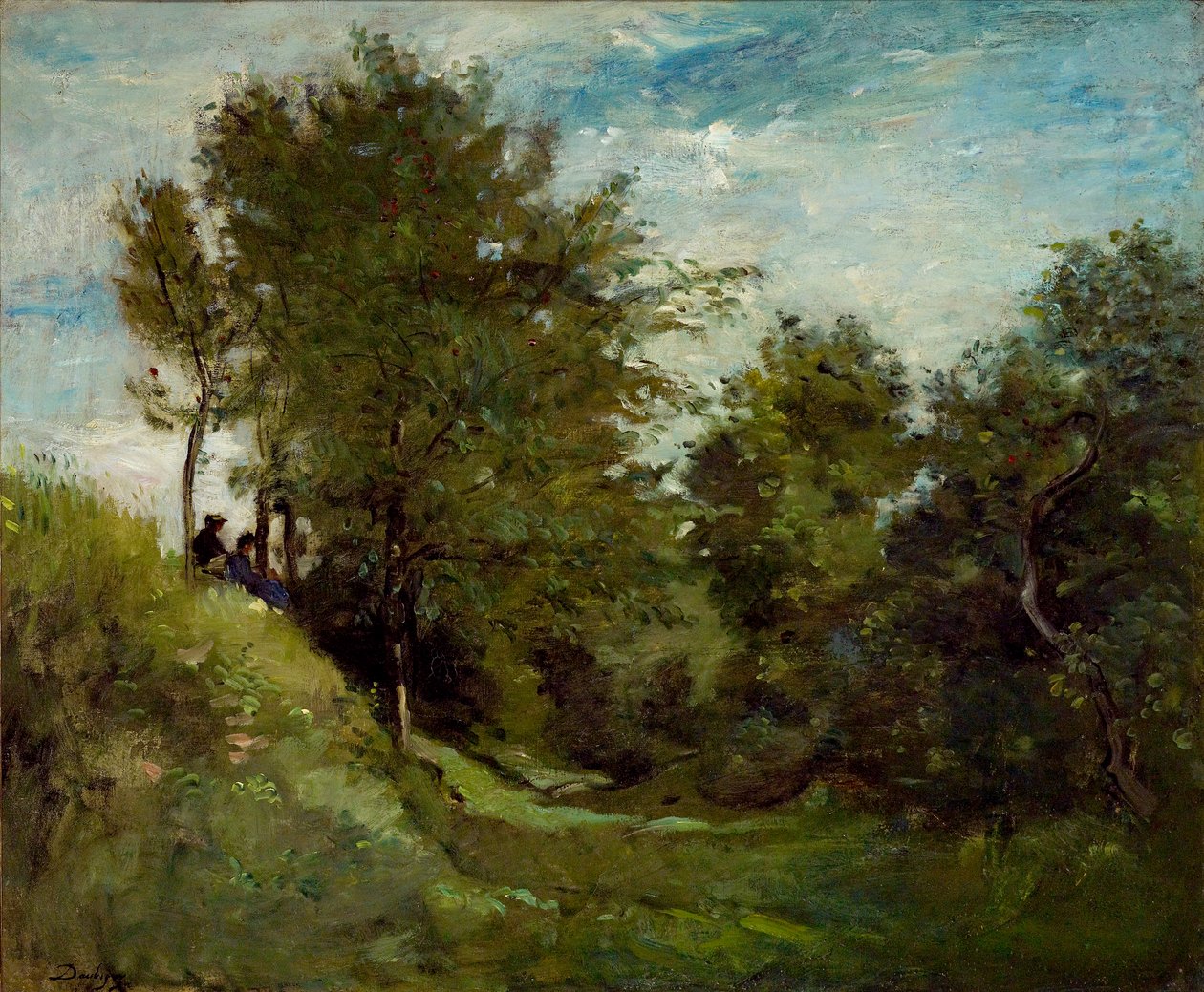 Maisema, jossa hahmot istuvat pankissa, 1870-luvun lopulla tekijältä Charles Francois Daubigny