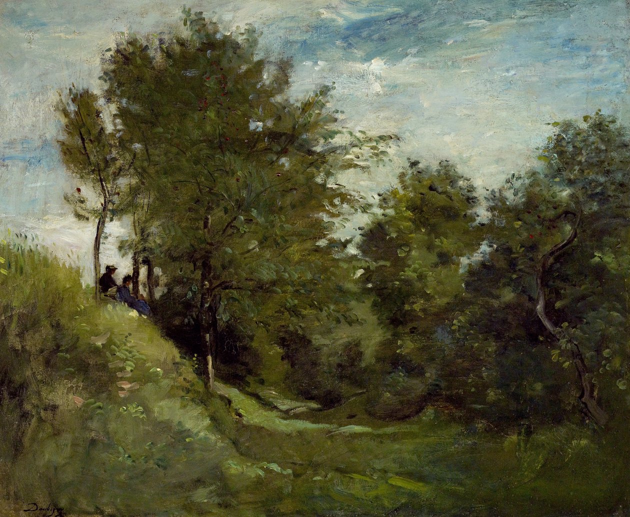 Maisema, jossa hahmot istuvat pankissa, 1870-luvun lopulla tekijältä Charles Francois Daubigny