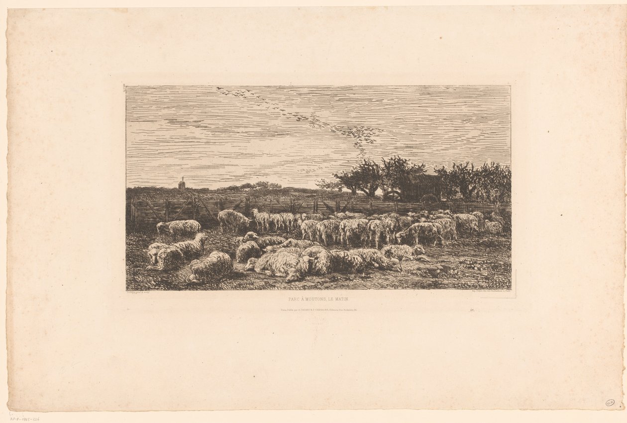 Maisema lammaslaumalla Parc à moutons, le matin (otsikko esineessä) tekijältä Charles Francois Daubigny