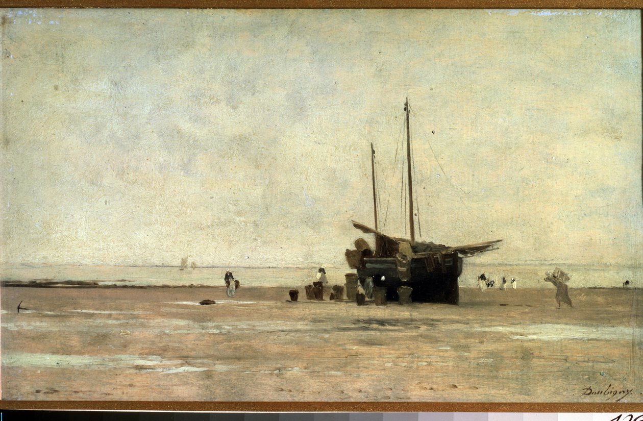 ""Seascape"" Purjevene hiekalla laskuveden aikaan. Charles Francois Daubignyn (1817-1878) maalaus 1868-1872 Pushkin-museo, Moskova tekijältä Charles Francois Daubigny