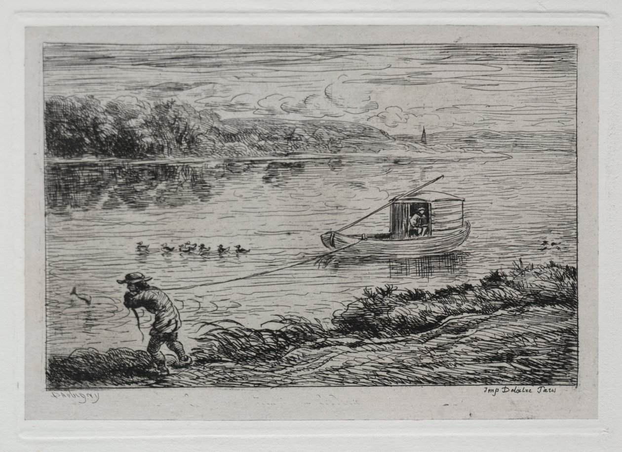 Venematka: Mökkipoika vetää hinausköyttä tai veto köydellä, 1861. tekijältä Charles Francois Daubigny