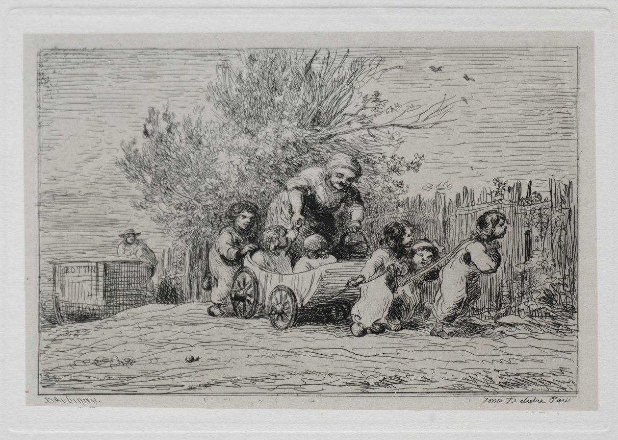 Veneretki: Kärryjen perintö Lapset kärryjen kanssa, 1861. tekijältä Charles Francois Daubigny