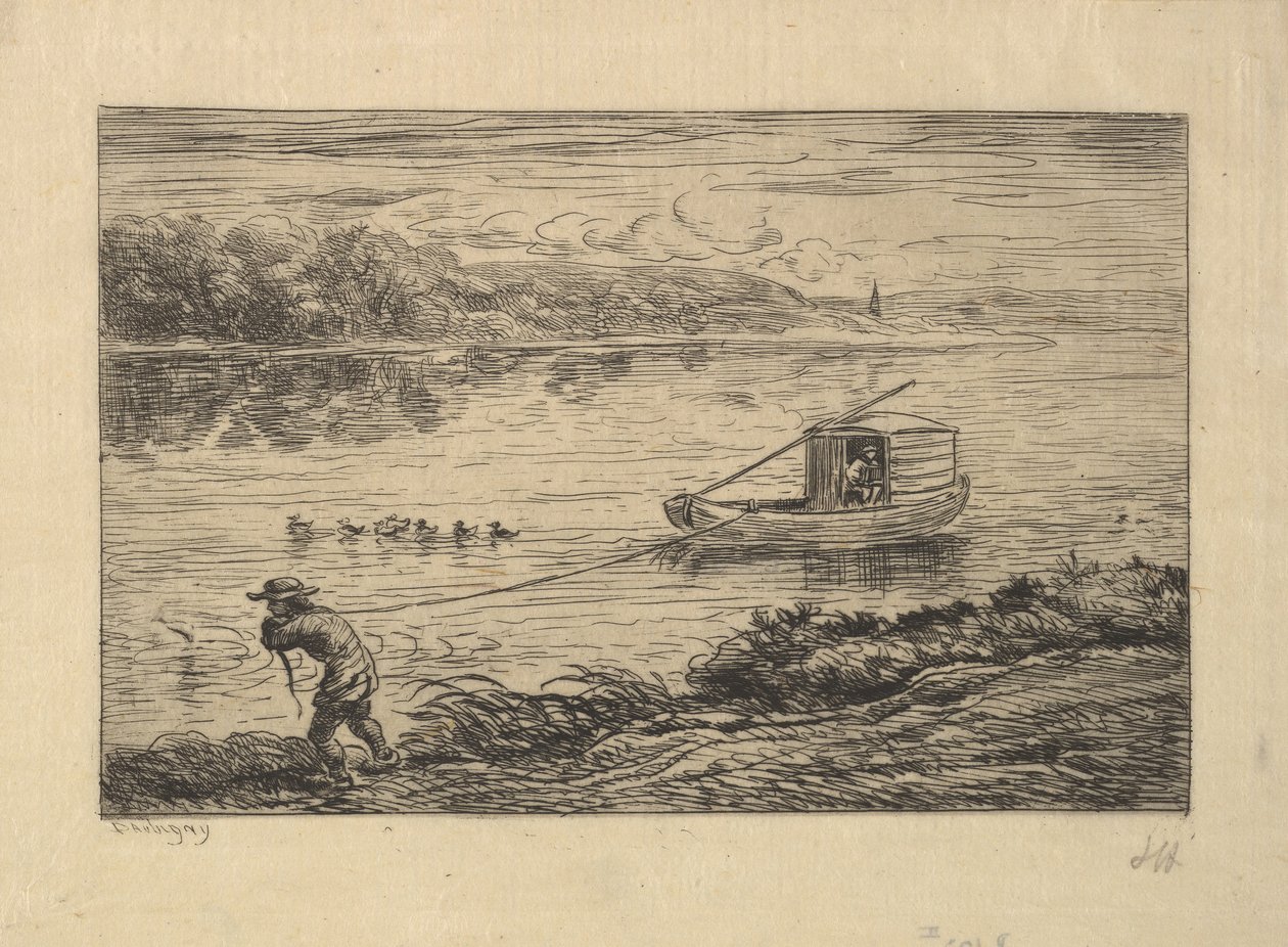 Mökkipoika hinaa venettä, 1861. tekijältä Charles Francois Daubigny