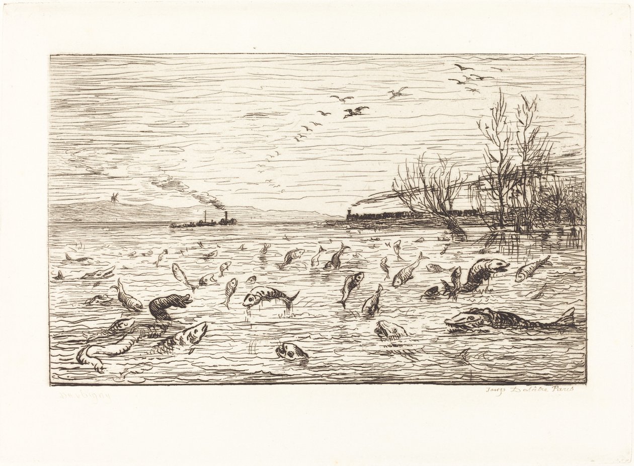 Kalat iloitsevat, kun mökkipoika lähtee (Rejouissances de poissons du depart du mo tekijältä Charles Francois Daubigny