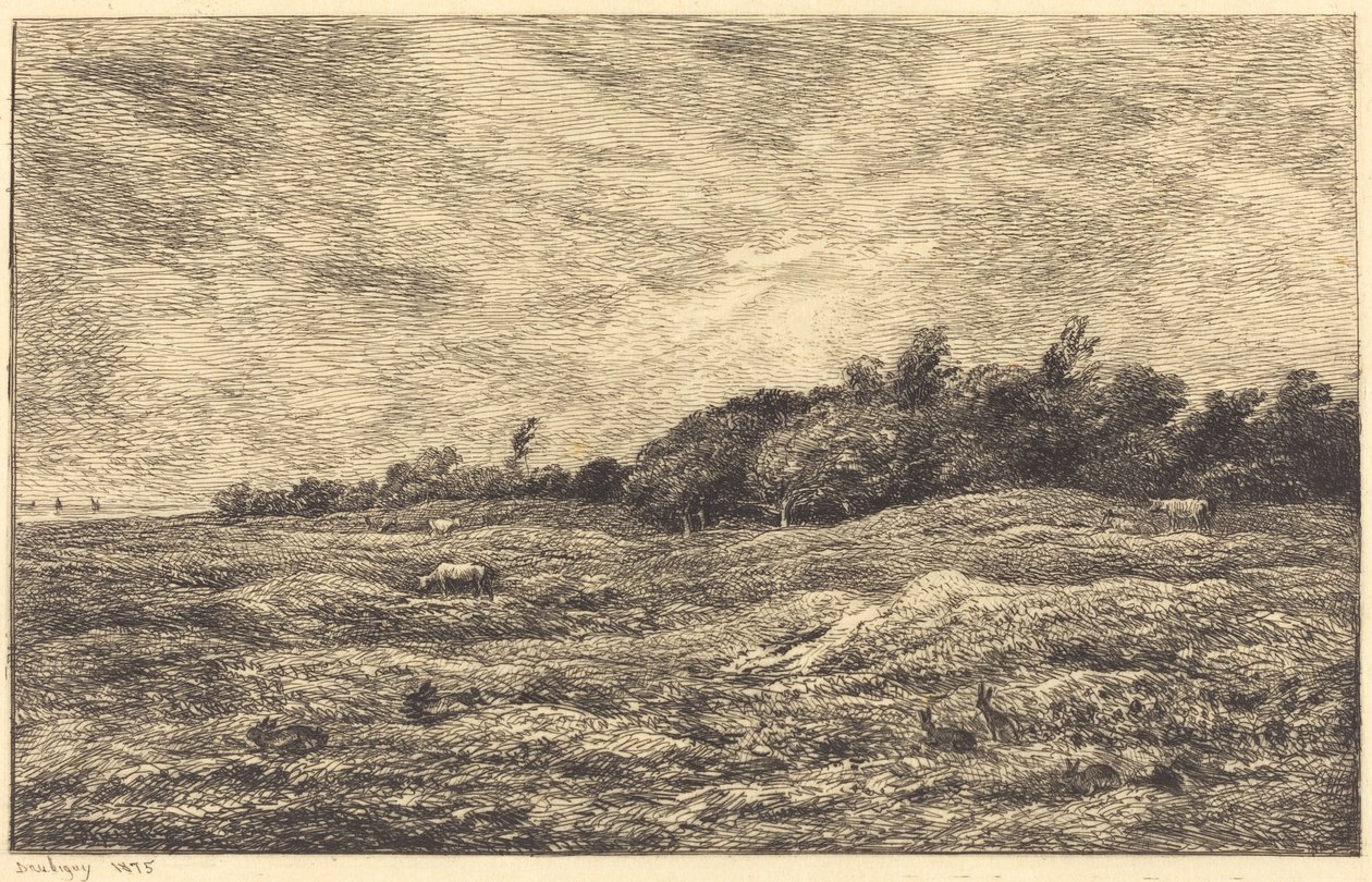 Meadow at Grave, lähellä Villervilleä (Le Pre des Graves, Villerville) tekijältä Charles Francois Daubigny