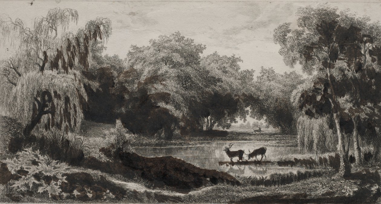 Uima-allas hirvieläinten kanssa, 1845. tekijältä Charles Francois Daubigny