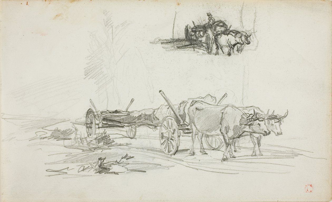 Kaksi luonnosta härkien vetämisestä tukin kanssa tekijältä Charles Francois Daubigny