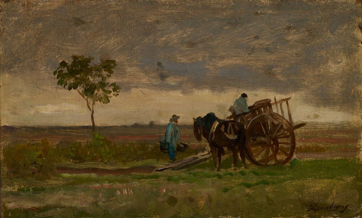Laaja maisema maanviljelijöiden vaunujen kanssa (öljy tammen päällä) tekijältä Charles Francois Daubigny